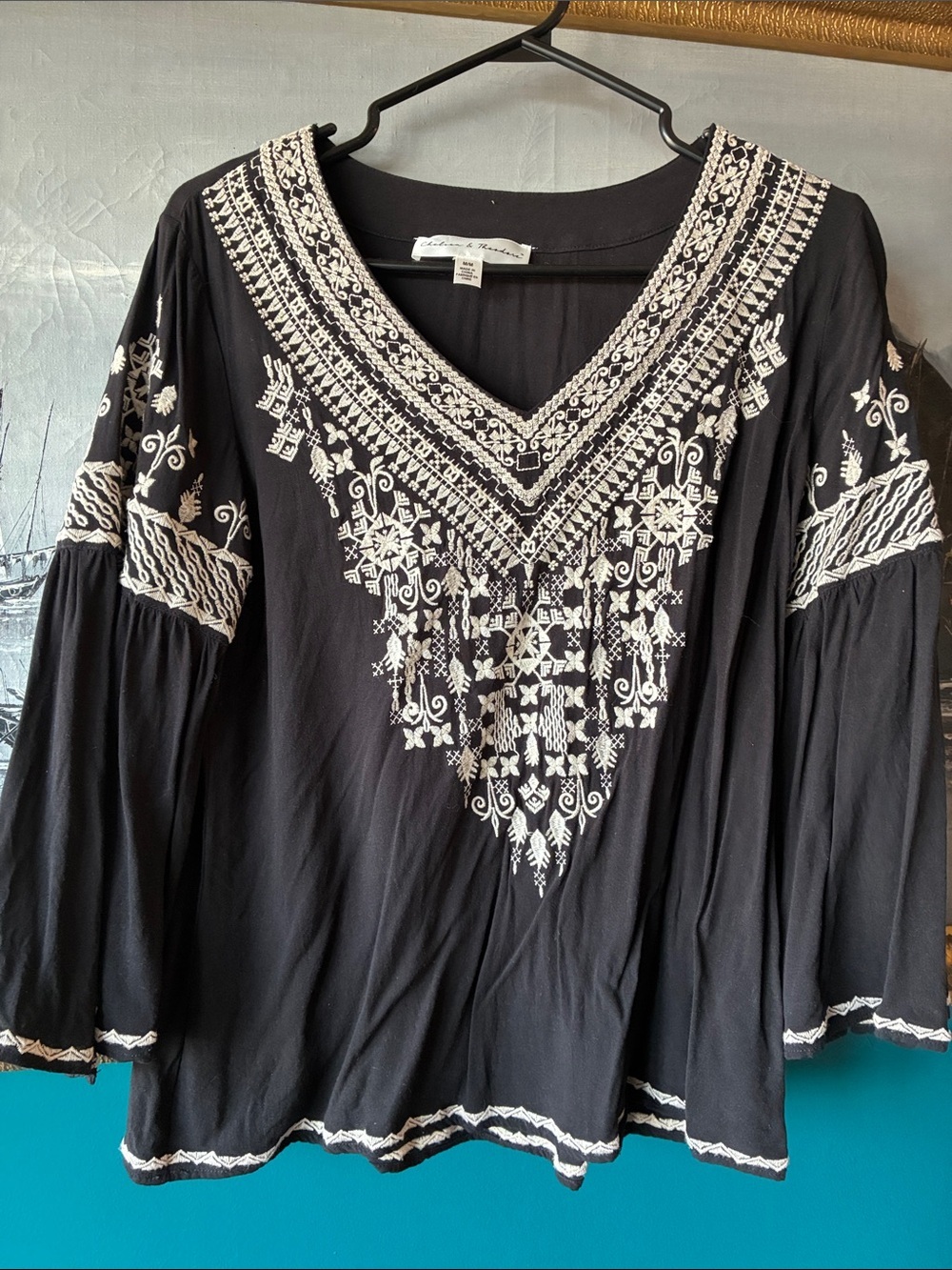 Chelsea & Theodore Embroidered Boho Top | Black & Ivory | Medium